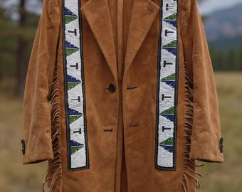 Women’s Suede Fringe Jacket with Beadwork – Native-Inspired Western Wear Coat