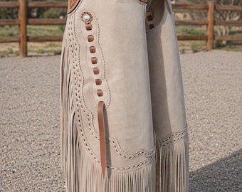 Handmade Suede Leather Chinks, Basket-weave Tooled Fringe, Western Rodeo Wear