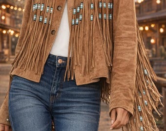 Native-Inspired Cowgirl Western Wear– Beaded Suede Leather Fringe Jacket for Women