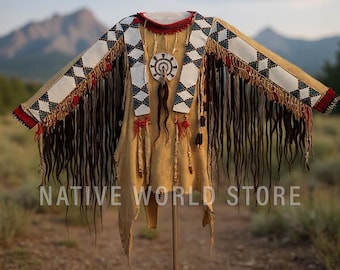 Men Beaded Leather Fringe Shirt: Plains Indian War Handmade Native American Suede jacket