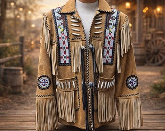 Eagle Beaded Leather Fringe Jacket Handmade Native American Cowboy Western Wear Old West Outfit