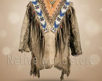 Men Native American Western Wear : Suede Leather Fringes Beads Work  Powwow War Shirt
