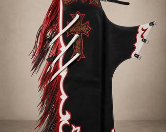 Hand Tooled Leather Chaps | Black Fringe Western Riding Gear | Custom Rodeo Wear | Genuine Cowhide | Made to Order