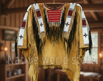 Handmade Native American Jacket: Beaded Buckskin Fringe War Shirt