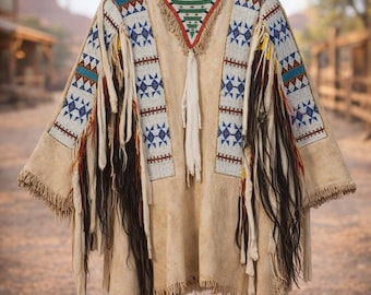 Men Beaded Leather Fringe Shirt: Plains Indian War Handmade Native American Suede jacket