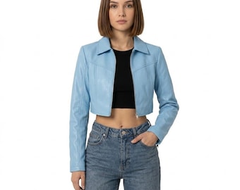 Blue Women's Cropped Leather Jacket, Slim Fit Biker Style, Zip Front Motorcycle Fashion Coat
