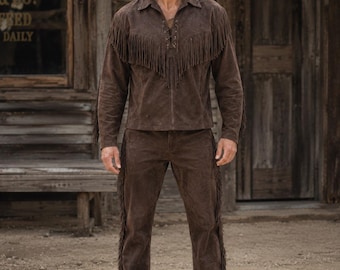 Suede Leather Western Cowboy Set Fringe Shirt Pants Handmade Ranch Wear Custom Size Outfit