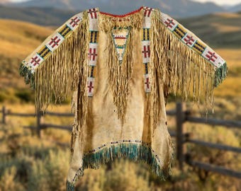 Men Beaded Leather Fringe Shirt: Plains Indian War Handmade Native American Suede jacket