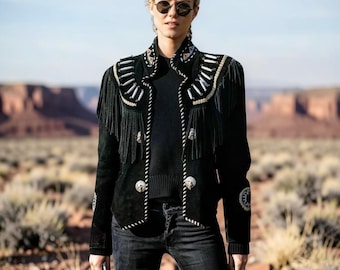 Women’s Suede Fringe Jacket with Beadwork – Native-Inspired Western Wear Coat