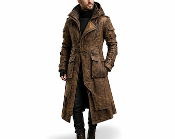 Vintage Brown Leather Trench Coat for Men | Hooded Distressed Jacket | Gothic Steampunk Long Coat | Handmade Winter Outerwear