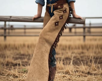 Handmade Suede Western Chaps for Women – Cowgirl Rodeo Leather Pants, Fringe Equestrian Outfit