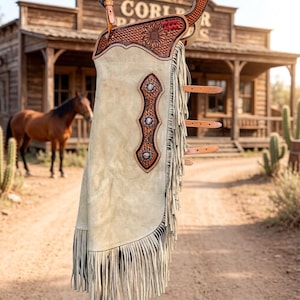May include: A pair of light tan suede leather chaps with decorative tooling and fringe. The chaps feature a floral design on the upper portion and three decorative silver-toned conchos. Brown leather straps and a western-style saddle are also visible.
