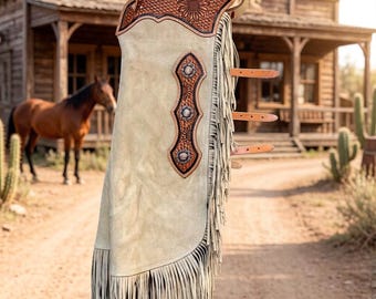 Beige Suede Leather Western Chinks, Handmade Fringe Cowboy Riding Gear, Boho Outfit