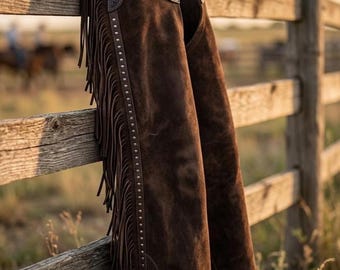 Custom Western Suede Leather Chaps | Handmade Cowboy Rodeo Chaps with Fringe | Personalized Riding Gear