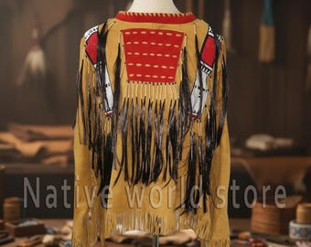 Handmade Beaded Leather Fringe Shirt: Plains Indian War Shirt Native American Suede jacket