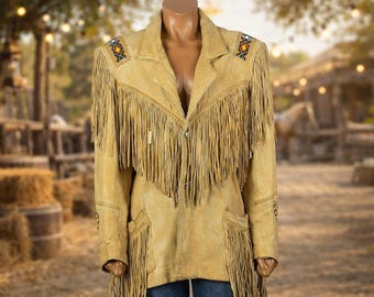 Western Cowgirl Cowhide Fringe Jacket – Handmade Glass Beaded Leather Outerwear