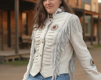 Women’s Suede Western Beaded Fringe Jacket | Native American Inspired Boho Style