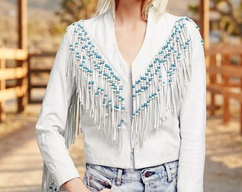 Women’s Handmade Suede Fringe Jacket with White & Turquoise Beads | Western Cowgirl Wear
