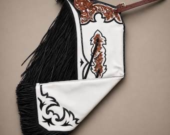 Hand-Tooled Leather Rodeo Chaps | Custom Western Riding Gear | Fringe Bull Riding Apparel | Genuine Cowhide | Made to Order