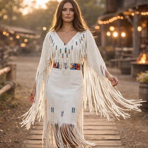 Pode incluir: Um vestido creme com franjas, decote em V e cinto decorativo. O vestido apresenta contas coloridas e detalhes de franjas nas mangas e na saia. A mulher está andando em uma passarela de madeira.