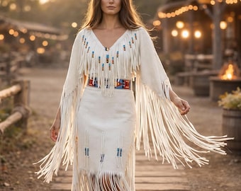 Women White Leather Fringe Dress Handmade Beaded Native-Inspired Powwow Regalia Style