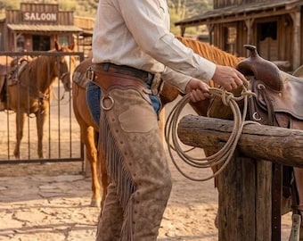 Handmade Suede Cowboy Chaps for Men | Western Fringe Riding Chaps | Ranch Work Leather Outfit