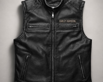 Harley-Davidson Men's Genuine Leather Vest Motorcycle Waistcoat Black Biker Riding Apparel Cafe Racer Zip Front Rider Gift