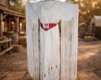 Women’s White Leather Fringe Dress Handmade Bone Beaded Belt Native-Inspired Powwow Regalia Style