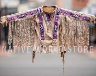 Men Handmade Suede Leather War Shirt: Cowhide Powwow Regalia Native American