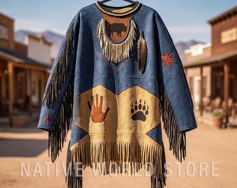 Men Beaded Leather Fringe Shirt: Plains Indian War Handmade Native American Suede jacket