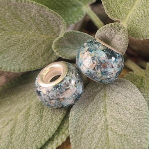 May include: Two round, blue and silver beads with a glittery, speckled design. The beads have a silver-colored core and are set against a backdrop of green leaves.