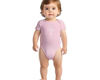 Body classique à manches courtes pour bébé - Croix chrétienne bourgeonnée avec croix byzantine à l'intérieur sur le devant. La prière de Jésus audacieusement sur le dos.