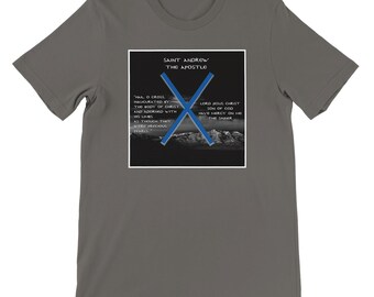Saint Andrew The Apostle Cross with quote over landscape