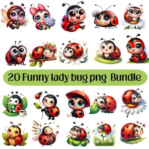 May include: A collection of 20 cartoon ladybug PNG images. The ladybugs are red and black with various expressions and poses. Some are holding flowers, books, or umbrellas. The text "20 Funny lady bug png Bundle" is displayed in a green rectangle.