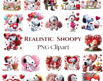 May include: A collection of colorful, cartoon-style Snoopy PNG clipart images. Snoopy is depicted in various Valentine's Day themed scenes, holding hearts, riding a scooter, and with other characters. Text includes "Realistic Snoopy PNG Clipart" and Valentine's Day greetings.