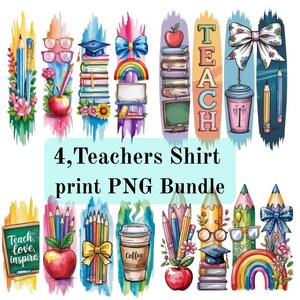 Puede incluir: Una colecci&oacute;n de dise&ntilde;os coloridos con tem&aacute;tica de profesores. Los dise&ntilde;os incluyen l&aacute;pices, manzanas, libros, arco&iacute;ris, tazas de caf&eacute; y la palabra "TEACH". Tambi&eacute;n est&aacute; presente el texto "4, Teachers Shirt print PNG Bundle".