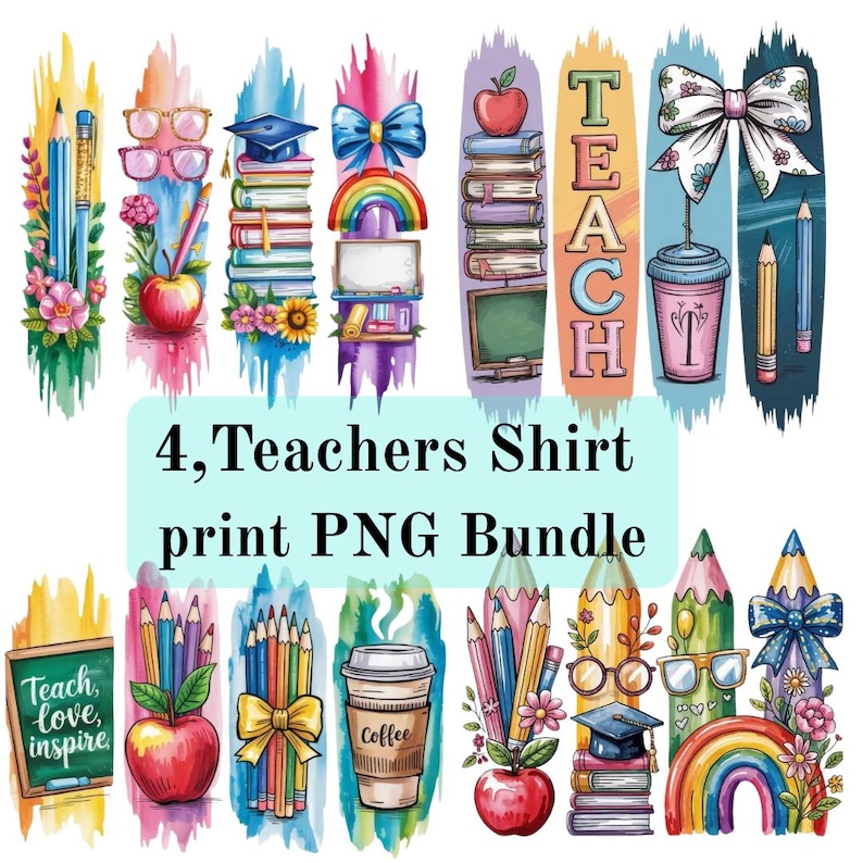 Puede incluir: Una colecci&oacute;n de dise&ntilde;os coloridos con tem&aacute;tica de profesores. Los dise&ntilde;os incluyen l&aacute;pices, manzanas, libros, arco&iacute;ris, tazas de caf&eacute; y la palabra "TEACH". Tambi&eacute;n est&aacute; presente el texto "4, Teachers Shirt print PNG Bundle".