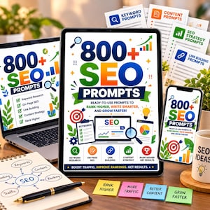 Puede incluir: Una tableta, un portátil y un teléfono inteligente muestran 800+ SEO Prompts con iconos coloridos, gráficos y texto. Un cuaderno con un mapa mental SEO, un bolígrafo negro y cuatro notas adhesivas con Rank Higher, More Traffic, Better Content, Grow Faster.