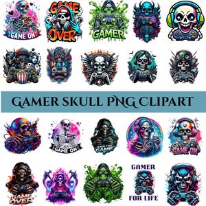 May include: A collection of colorful gamer skull PNG clipart images. Each skull is depicted with gaming accessories like headphones and controllers, and phrases such as "Game On" and "Gamer for Life".