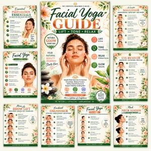 Op de afbeelding: Een uitgebreide poster met een gids voor gezichtsyoga, voorzien van instructieve tekst, diagrammen en illustraties van oefeningen. De lay-out bevat secties voor voorbereiding, wenkbrauwlift, voorhoofdversteviging, nekversteviging en oogverfrissing.