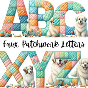 Faux Embroidered Alphabet PNG Bundle, Faux Quilted Patchwork Letters, Preppy Cottagecore Grandma Core Alphabet for Sublimation & DIY Designs