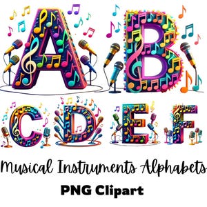 Paquete de imágenes PNG del alfabeto musical / Imágenes prediseñadas de letras con notas musicales coloridas (descarga digital)