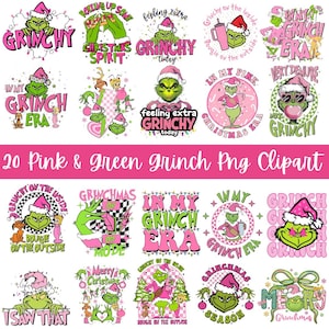 Puede incluir: Un conjunto de 20 imágenes prediseñadas PNG de Grinch en rosa y verde. Los diseños presentan al Grinch en varias poses con textos como "Grinchy", "In My Grinch Era" y "Feeling Extra Grinchy Today".
