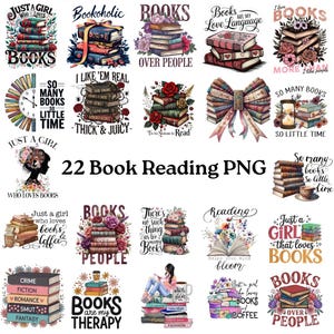Può includere: Una collezione di 22 grafiche PNG a tema libri. Le immagini presentano pile di libri, accenti floreali e testo come "Books are my Love Language" e "Just a Girl Who Loves Books." Ideale per gli amanti dei libri e progetti creativi.