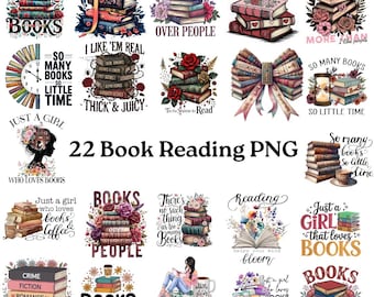 May include: A collection of 22 book-themed PNG graphics. The images feature stacks of books, floral accents, and text such as "Books are my Love Language" and "Just a Girl Who Loves Books." Ideal for book lovers and crafting projects.