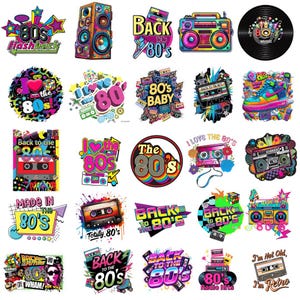 Pode incluir: Uma coleção de autocolantes e gráficos coloridos com o tema dos anos 80. Os designs incluem gira-discos, cassetes, patins e o texto "80s flashback", "Back to the 80s" e "Totally 80s."