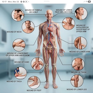 May include: Medical illustration of a human body, showing potential wound locations. The diagram highlights the skeletal and circulatory systems, with labels indicating areas such as the head, neck, arms, and legs. The image is designed for educational and medical purposes.