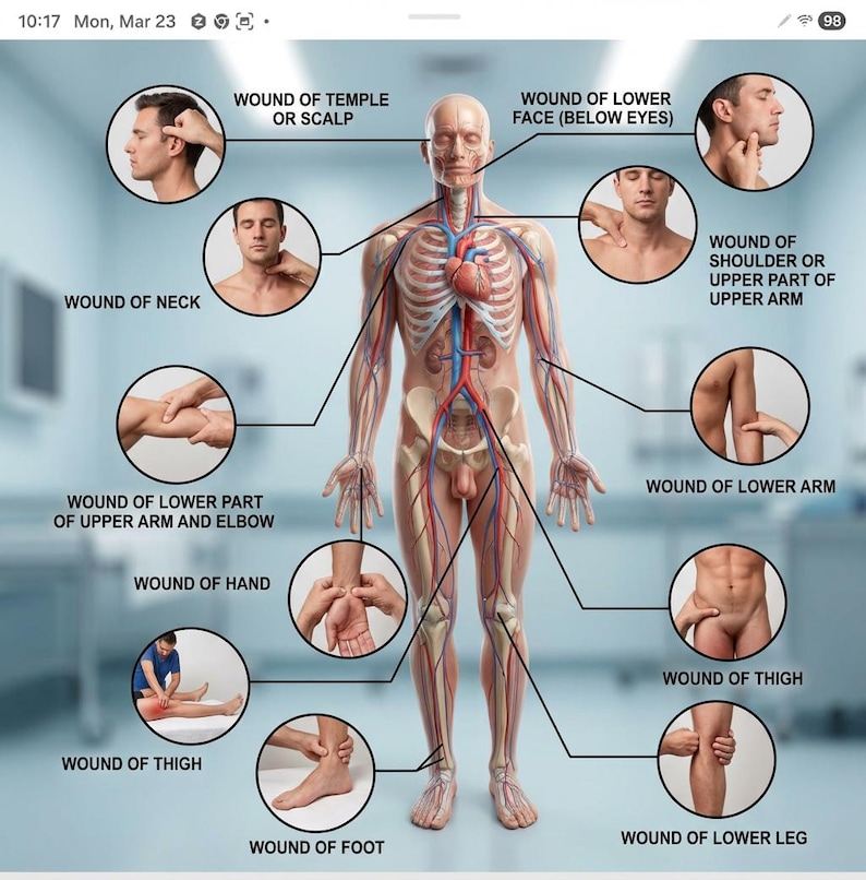 May include: Medical illustration of a human body, showing potential wound locations. The diagram highlights the skeletal and circulatory systems, with labels indicating areas such as the head, neck, arms, and legs. The image is designed for educational and medical purposes.