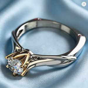 May include: A diamond engagement ring with a gold and silver band. The ring features a large, clear, round-cut diamond set in a gold prong setting. The band is silver and has a twisted design.