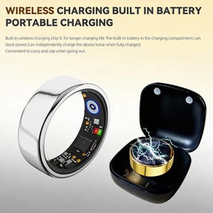 Puede incluir: Un anillo inteligente plateado con interior negro, con un diseño de placa de circuito. El anillo se muestra junto a un estuche de carga negro con una base de carga dorada. El texto en la parte superior dice "WIRELESS CHARGING BUILT IN BATTERY PORTABLE CHARGING."